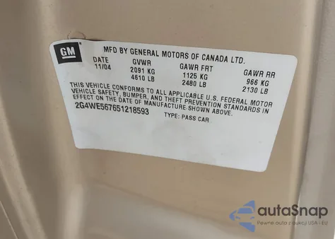 2005 Buick Lacrosse Cxs z USA, uszkodzony, nr VIN 2G4WE567651218593